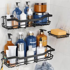 OMAIRA 3-Pack Shower Caddy with Soap Holder, Adhesive Rustproof No-drill Strudy Loading Inside Shower Organizer Shelves Rack Storage Bathroom Organization for Smooth Wall Glass Tile, Black (X-Large)