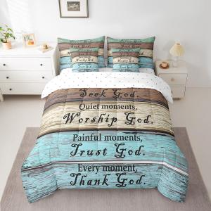 Feelyou Healing Comforter Set King Size 7 Pieces Women Inspirational Thoughts Prayers Bedding Set Girls Retro Wood Grain Bed in a Bag Bed Set with Comforter, Sheet Set, Pillowcases, Pillow Covers