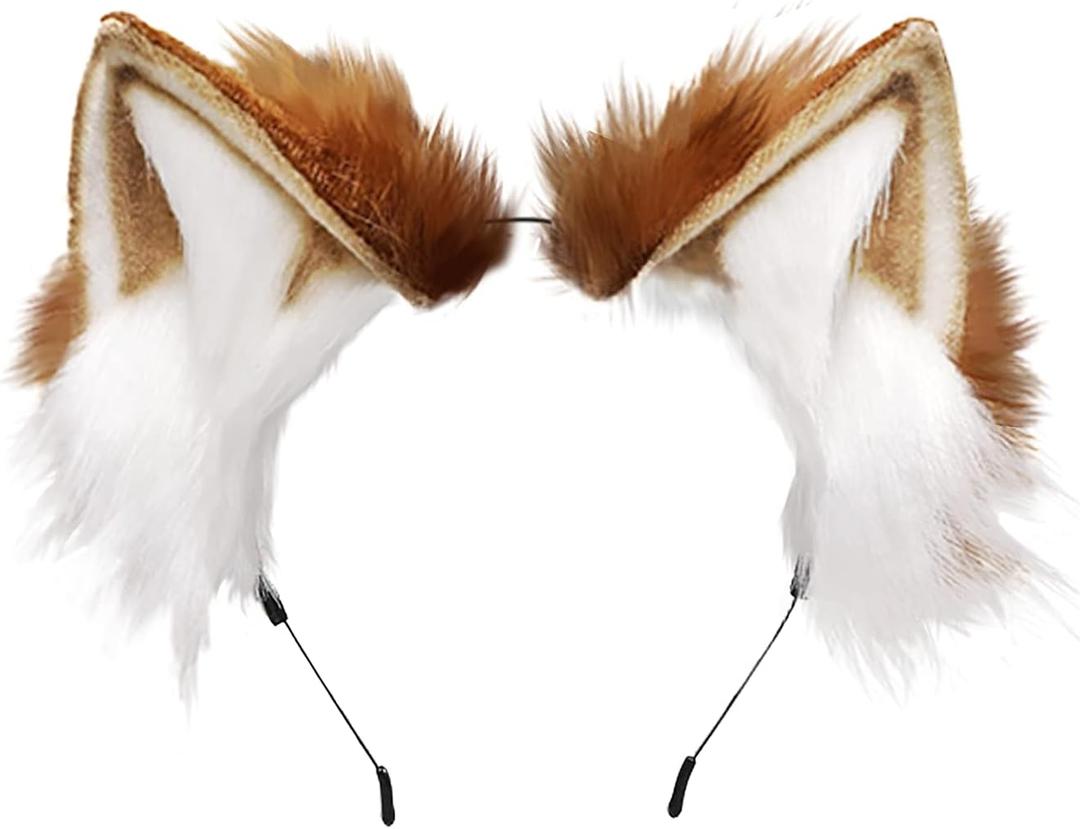 Animal Cosplay Ears Hairband Handmade Faux Plush Cat Fox Wolf Dog Ears (One Size, Camel)