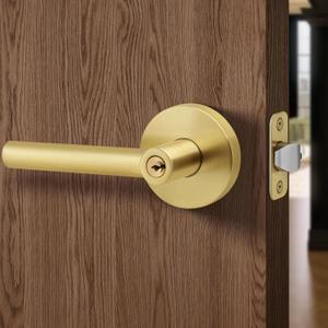 Gold Door Handles with Lock and Key (Keyed Differently), Brushed Gold Round Reversible Door Handle, Heavy-Duty Interior/Exterior Gold Door Lever for Bedroom and Bathroom, Satin Brass, 1 Pack