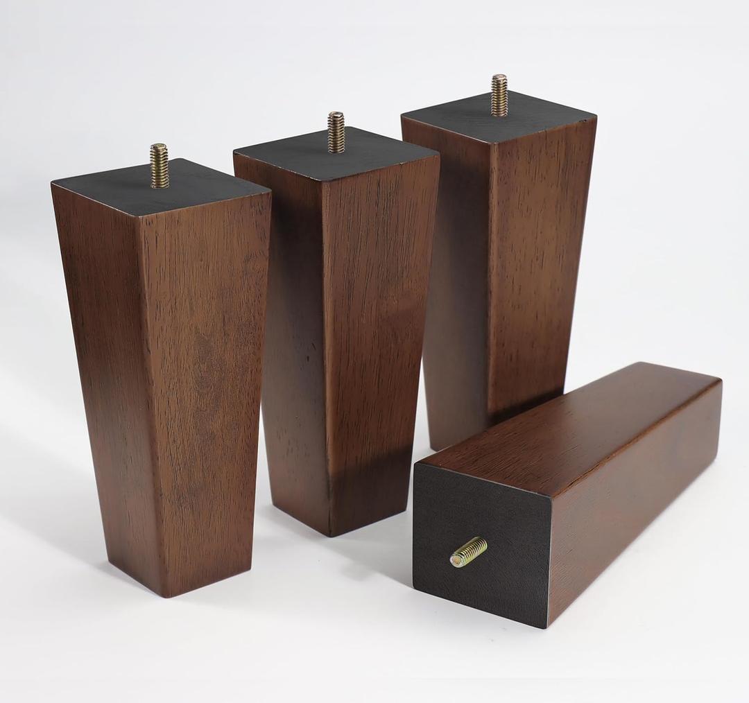 Solid Wooden Furniture Legs 8 Inch, Natural Mid Century Brown Square Legs for Couch, Sofa, Cabinet, Bench, Bed - Set of 4