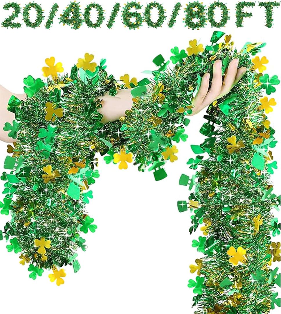 2 x 20/40/60/80 FT St Patricks Day Garland Decor Gold Green Shamrock Hat Tinsel Garland, Shiny Metallic Streamer Twist Garland Hanging St Patricks Day Decorations for Home Indoor Outdoor Party Supplies