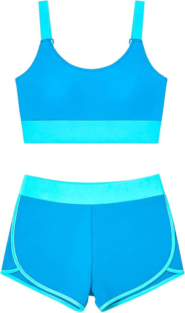 Girls Swimsuit 2 Piece Sporty Adjustable Straps Modest Bikini Bathing Suit with Shorts Color Block Swimwear, Size: 11-12 Years