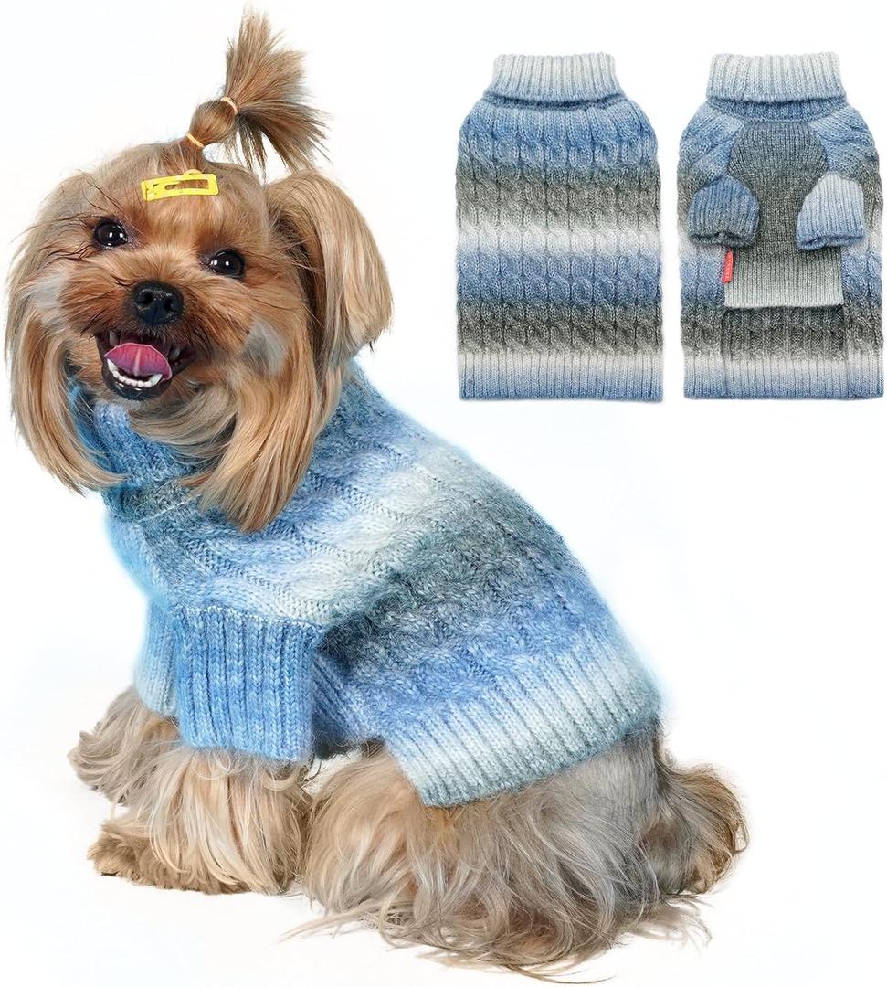KYEESE Dog Sweater for Small Dogs Thick Cable Knit Dog Turtleneck Knitwear Warm with Sleeves Puppy Sweater Fuzzy, Blue, Small (Small (6-9lbs))