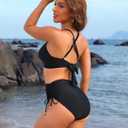 Blooming Jelly Womens High Waisted Bikini Sets Drawstring Tummy Control Swimsuits Crisscross Tie Back Bathing Suit (Black, L)