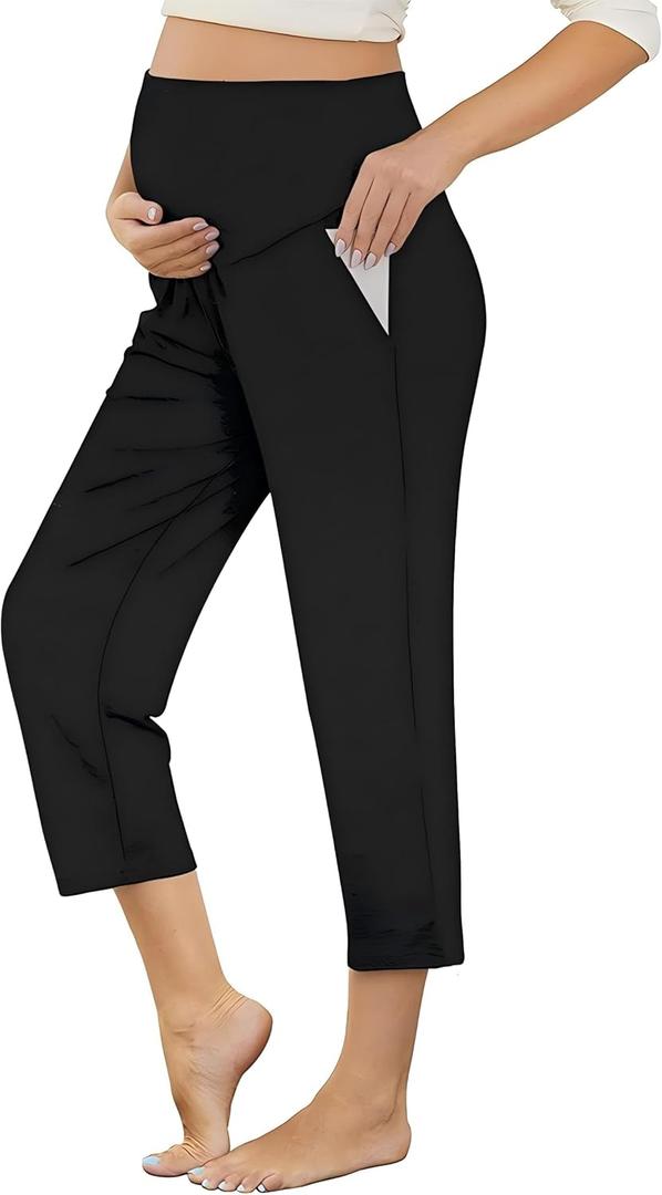 Maternity Capri Pants for Women Over The Belly - Pregnancy Casual Lounge Bottoms with Pockets, Soft Stretchy Sleep & Yoga Capris(Black,XL)