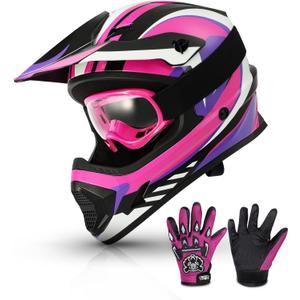 TCMT Dot Youth Kids ATV Motorcycle Helmets Full-Face Kids Helmet with Adjustable Chin Strap for Boys and Girls Kids Dirt Bike BMX Cycling w/ Goggles+Gloves Rose Red-M