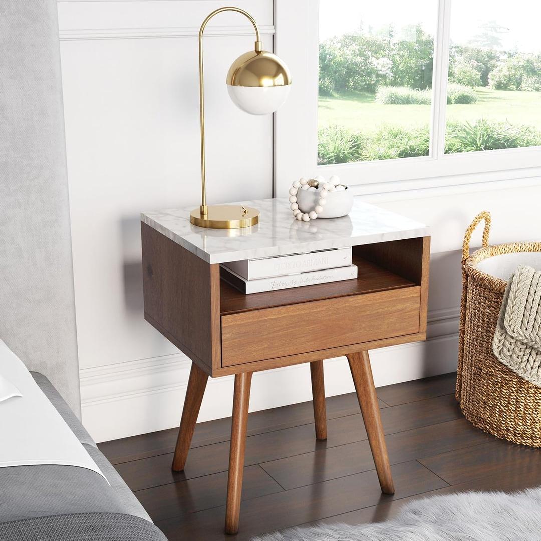 Nathan James Mid-Century Rectangle Accent Side or End Table Walnut Finish Wood and Faux Marble Top with Storage Nightstand, Frame, White/Brown, Set of 1