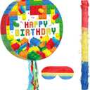 Jexine Birthday Block Piata Set Birthday Building Piata with Blindfold, Bat, Stick Blocks Party Supplies for Carnival Fiesta Party Supplies Event Decoration