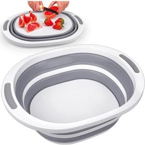 Collapsible Wash Basin, 7.5L Dish Tub Sink Basin Folding Dish Pans for Kitchen Sink, 2-in-1 Dishpan + Cutting Board, Portable Sink Dish Basin for Camping BBQ Prep Tub Washing Bin Bucket for Cleaning (1 Pack, Gray)