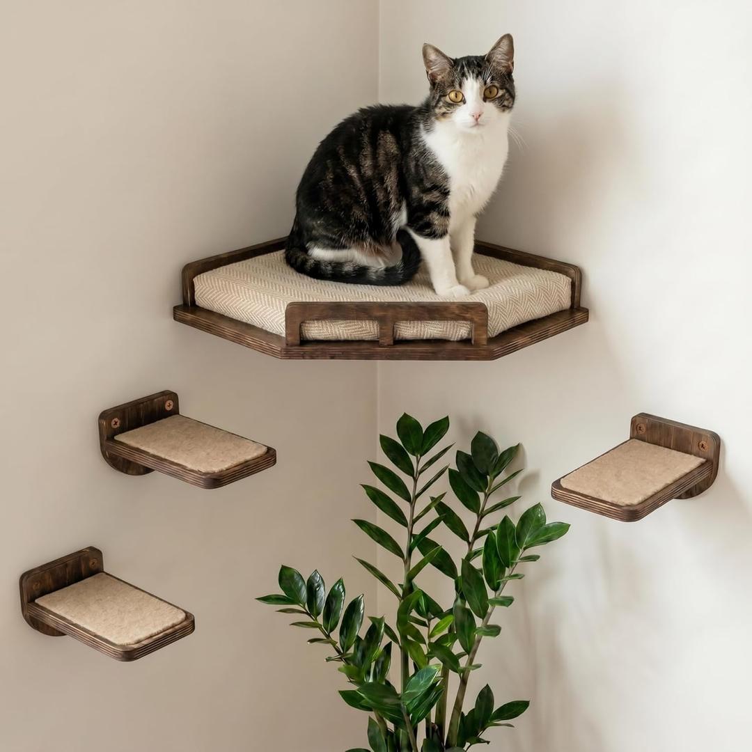 INICIO Cat Wall Shelves - Safe and Sturdy Cat Wall Furniture - Stylish Natural Wood Corner Shelf with 3 Steps for Cats up to 15lbs - Cushioned Perch and Stairs for Climbing and Playing - Dark Brown