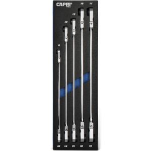 Capri Tools 90-Tooth Extra-Long Double Box End Reversible Ratcheting Wrench Set, Spline Drive, 8 to 19 mm, Metric, 5-Piece Set with 10 Box-End Sizes with Merchanic's Tray