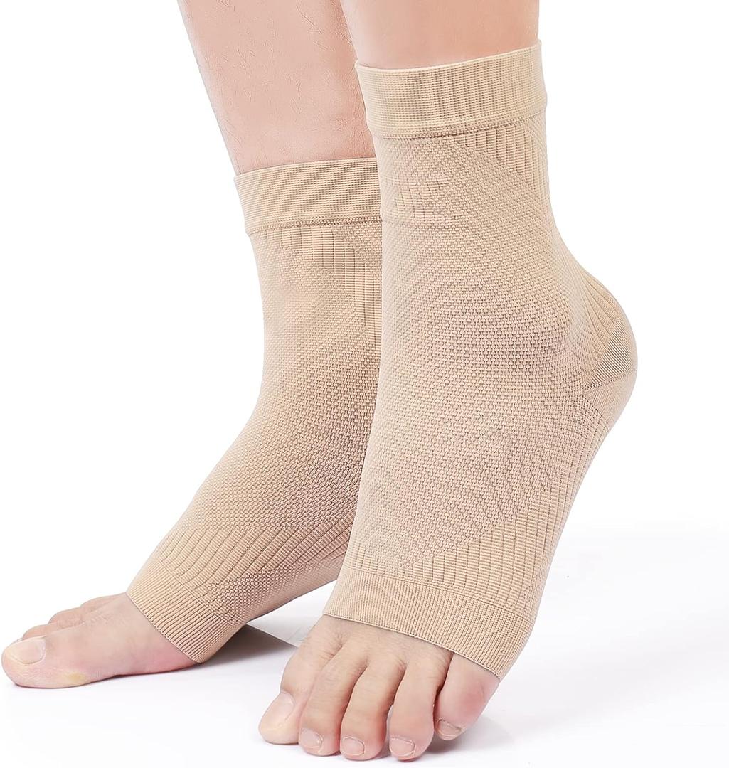 KEKING Ankle Compression Sleeve - 20-30mmhg Open Toe Compression Socks for Swelling, Plantar Fasciitis, Sprain, Neuropathy - Brace for Women and Men (X-Large, Beige)