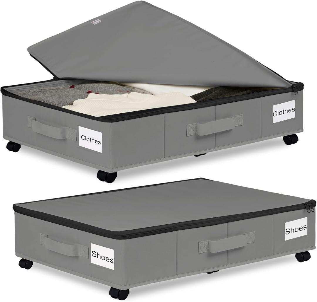 Under Bed Storage with Wheels, 2 Pack Under Bed Storage Containers with Label Holders for Clothes, Shoes and Blankets, Rolling Underbed Shoe Organizer with Cover, Grey (30.71x15.7x7.28 in)
