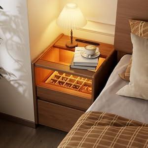 Solid Wood Nightstand,LED Nightstand with Charging Station,Narrow Bedside Table with Jewelry Box,Small Night Stand with Wheels,Modern Night Stand for Bedroom,Living Room,Dressing Room