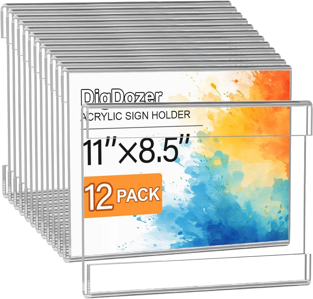 12 Pcs Acrylic Sign Holder 11 x 8.5, Horizontal Wall Mount Sign Holders with Adhesive, Clear Plastic Frames Paper Display Sign Holders for Office, Home, Store, Restaurant - No Drilling