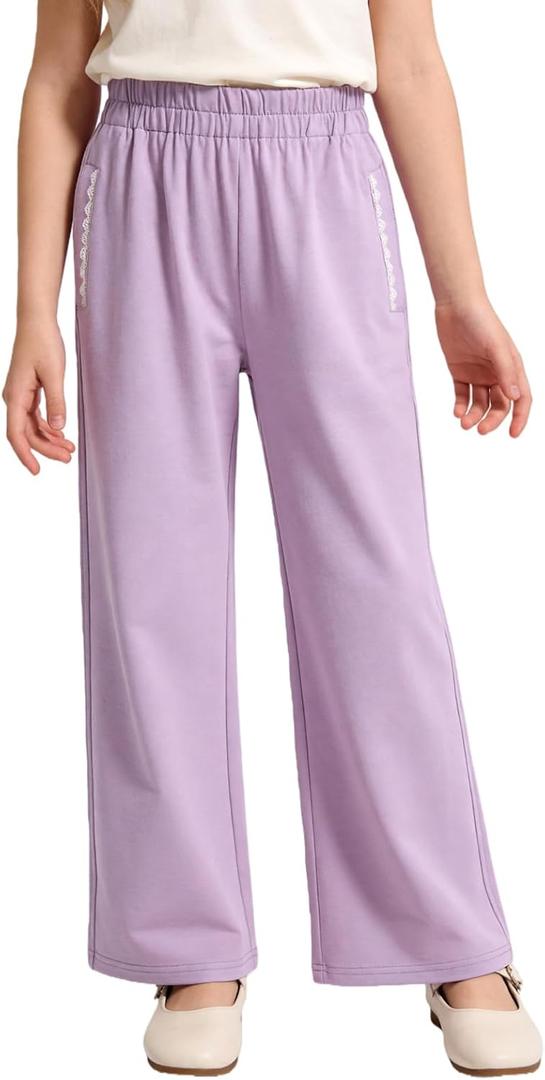 Girls Wide Leg Sweatpants with Bowknot Embroidery Baggy Straight Leg Pants Casual Cotton Pants for School Outdoor
