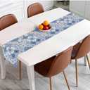 HOSNYE Table Runner Blue White Patchwork Tile in Spanish Style,Cotton Linen Table Runner Decoration for Kitchen Family Dinner Table Holiday Party Farmhouse Style 13 x 72 Inch