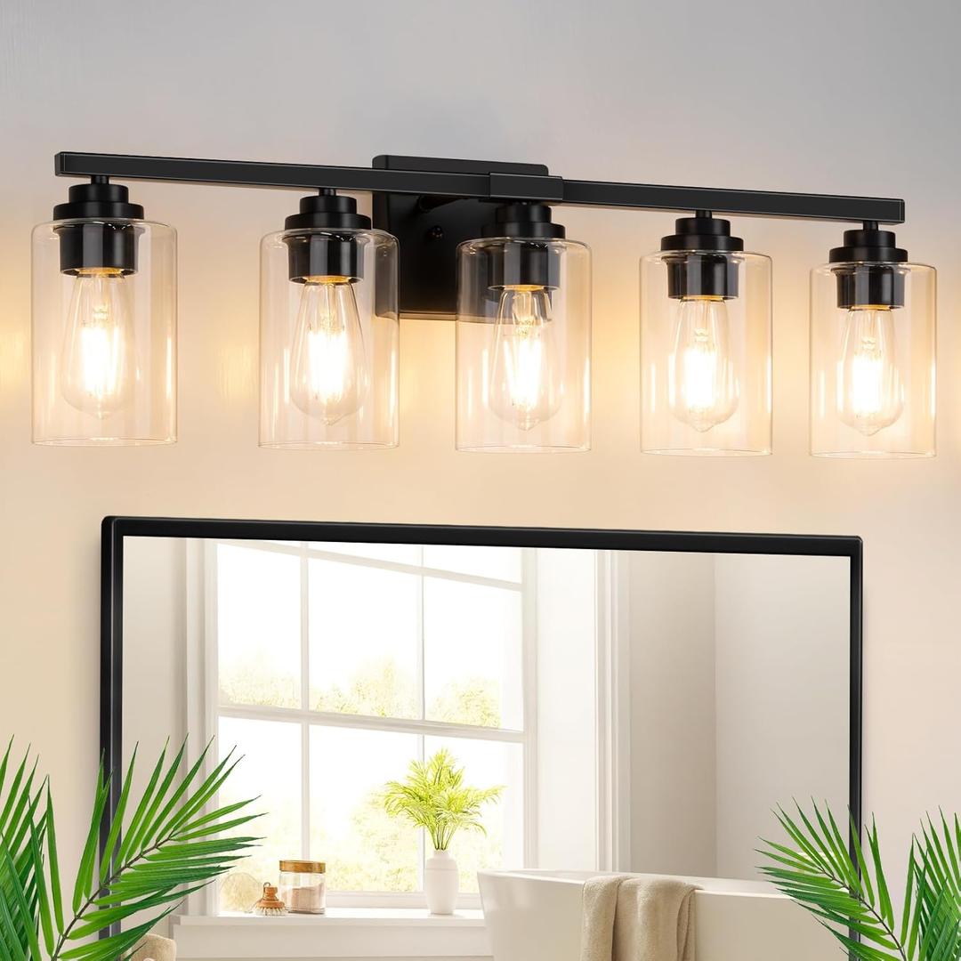 5-Light Matte Black Bathroom Light Fixtures, 31" Modern Vanity Lighting Fixture for Bathroom, Bathroom Vanity Lights Over Mirror with Clear Glass Shades, Wall Lamp for Mirror Living Room Bedroom Porch