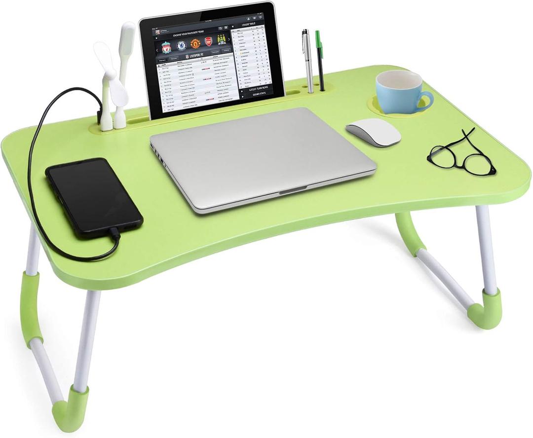 Slendor Lap Desk with Cup Holder, Foldable Laptop Table for Bed, Portable Bed Desk for Laptop and Writing, Computer Tray with Tablet Slot, Notebook Stand Reading Holder for Couch Sofa Floor,Green