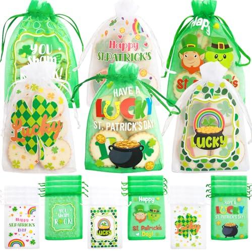 WorldBazaar 30PCS St. Patrick's Day Gift Bags Organza 4 x 6 Inch Small Lucky Shamrock Clover Leprechaun Goodie Mesh Bags St. Patrick Party Birthday Irish Holidays Supplies