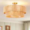 20" Boho Semi Flush Mount Ceiling Light Gold Rattan Light Fixture
