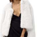 Shiyifa Women's Faux Fur Coat Long Sleeve Fleece Cropped Jacket Open Front Shaggy Warm Short Fall Winter Outerwear (White, M)