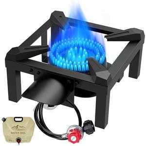 Propane Burner, 100,000 BTUs High Pressure Single Propane Stove - Heat Shield and Guard, 4.1ft Adjustable Hose with Regulator, Gas Stove for Outdoor Cooking, Turkey Fry, Seafood Boil