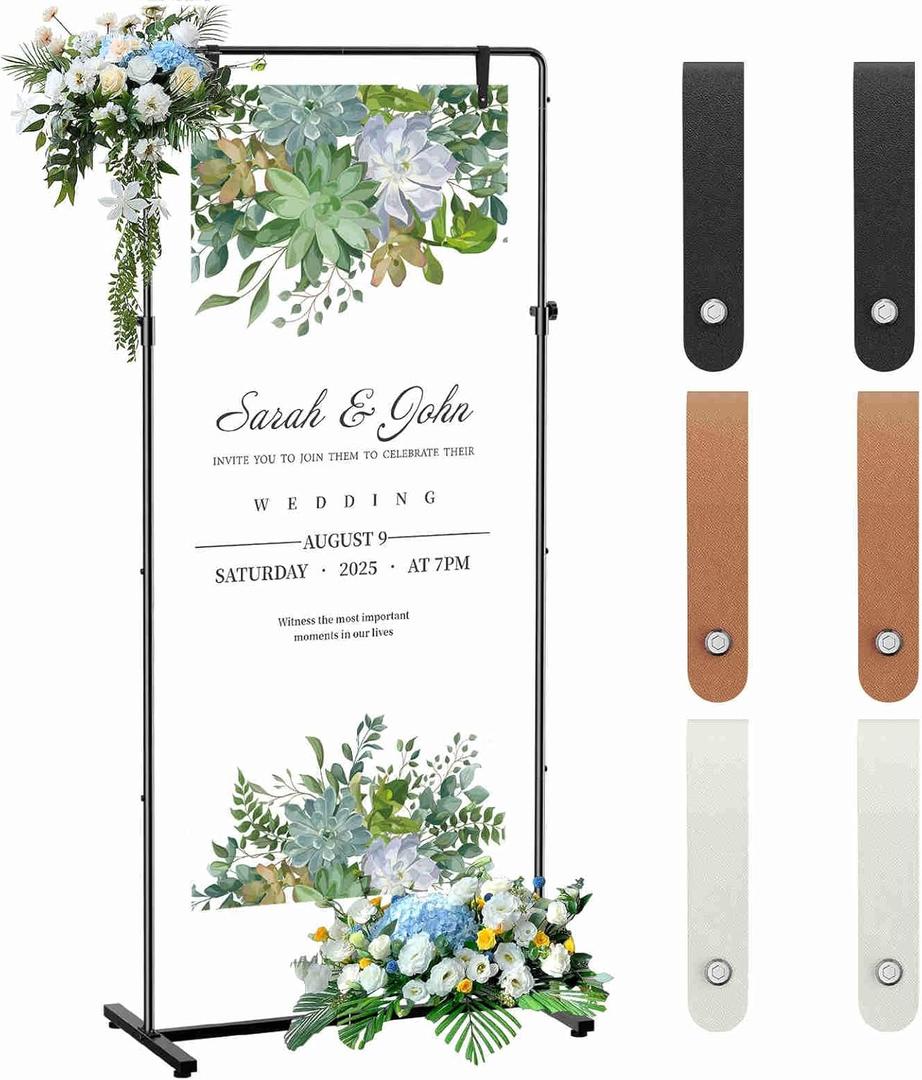 Wedding Welcome Sign stand, Welcome to Our Wedding Sign Holder with Leather Sign Hanging Staps, Adjustable Metal Banner Poster Easel Stand for Entrance Sign Display