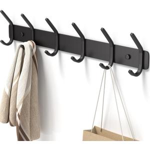 Coat Rack Wall Mount Hooks - 15 Inch Matte Black Metal 6-Hook Organizer Wall Mounted, Modern Kids Room, Entryway & Bathroom Hanger for Beach Towels, Coats, Purses, Bags (1 Pack)