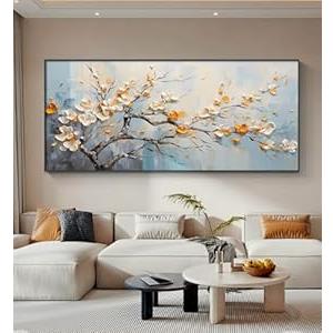 Hand-Painted Plum Blossom Oil Painting for Living Room, Framed White and Yellow Flower Canvas Wall Art for Bedroom, 3D Modern Floral Wall Decor Office Home Decor Ready to Hang 24x56 inches
