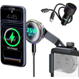 CloudValley 25W Wireless Charger Phone Mount for Tesla Model Y/3 with RGB Lighting, Magnetic Extendable Metal Car Holder with Cooling Fan & 45W Adapter, Design for iPhone MagSafe 17/16 Pro Max