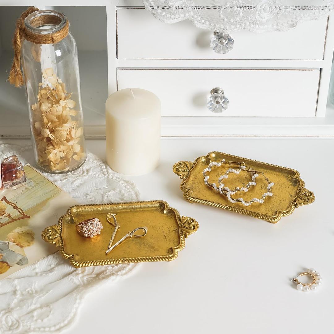 NIKKY HOME Small Jewelry Dish Ring Holder, Set of 2 Vintage Trinket Display Decorative Metal Tray Classy Birthday Christmas Gifts, Gold