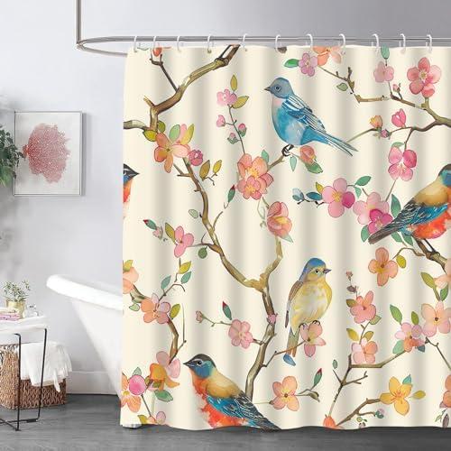 Birds and Blossoms Shower Curtain,Colorful Songbirds and Floral Branches Bathroom Decor, Shower Curtain Set with 12 Hooks, Waterproof Polyester Fabric Bathroom Gifts 72x72 Inch