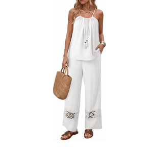 2 Piece Sets for Women Summer Spaghetti Strap Tie Knot Top Lace Wide Leg Pants Set, White, Size S