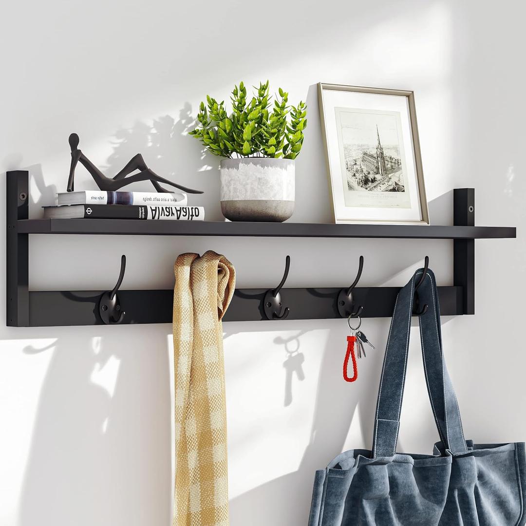 BAMEOS Wall-Mounted Shelf with Hooks - 28.9 Inch Entryway Hanging Shelf with 5 Dual Hooks for Bathroom, Living Room, Bedroom (Black) BAMEOS Wall-Mounted Shelf with Hooks - 28.9 Inch Entryway Hanging Shelf with 5 Dual Hooks for Bathroom, Living Room, Bedroom (Black)