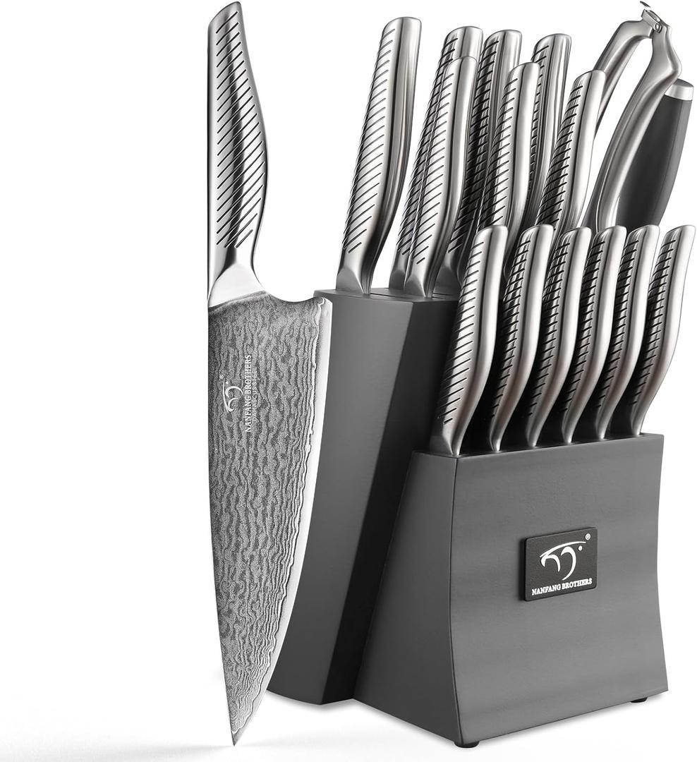 NANFANG BROTHERS 16 Pieces Damascus Kitchen Knife Set, High Carbon Damascus Steel Chef Knife Set, Stainless Steel Ergonomic Handle for Chef, with Built-in Sharpening Rod