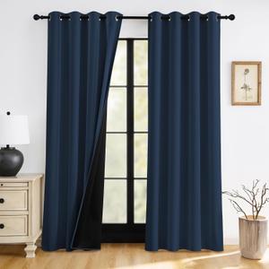 RYB HOME 100% Blackout Navy Blue Curtains for Living Room, Grommet Heat & UV Blocking Total Room Darkening Noise Reducing Curtains for Sunroom Nursery, 52 inches Wide by 84 inches Long