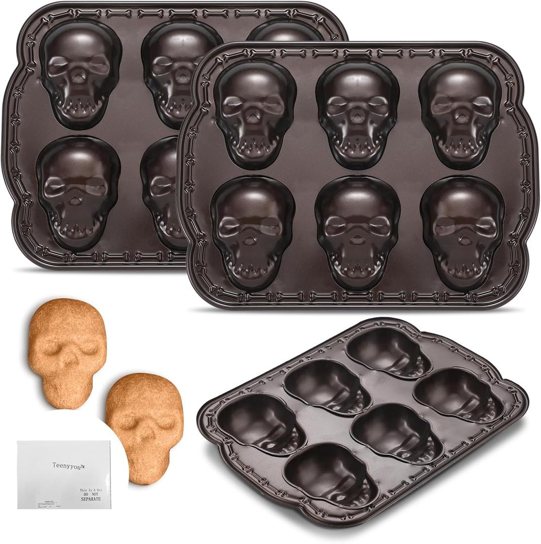 Teenyyou 2 Pcs Halloween Skull Baking Pan 6 Cavities 3D Skull Baking Mold for Pizza Metal Cake Mold Bakeware for Halloween Ice Cupcake Chocolate Pizza Jelly Candy Pudding