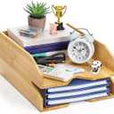 Pumtus 2 Tiers Paper Tray, 14 x 11 in Bamboo Letter Tray, Office Desk File Holder, Large Mail Document Organizer, Study Workstation Storage Rack for A4 Paper, Magazine, Envelopes, Office Supplies