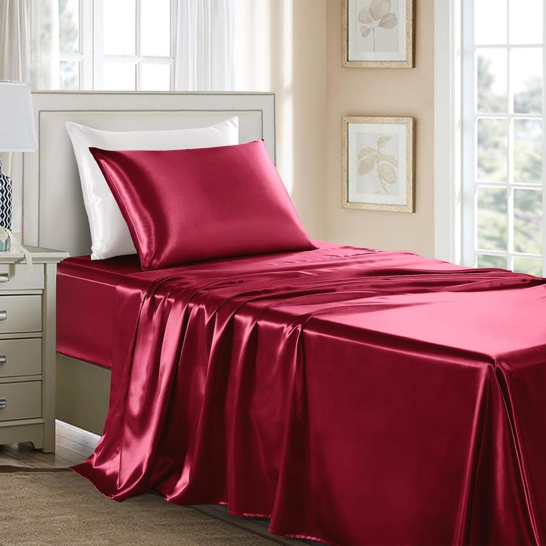 Satin Sheets Twin XL Size - 3 Pieces Luxury Silky Soft Bed Sheets, Wrinkle-Free Burgundy Satin Silk Sheet Set with 1 Deep Pocket Fitted Sheet, 1 Flat Sheet, 1 Pillow case Satin Sheets Twin XL Size - 3 Pieces Luxury Silky Soft Bed Sheets, Wrinkle-Free Burgundy Satin Silk Sheet Set with 1 Deep Pocket Fitted Sheet, 1 Flat Sheet, 1 Pillow case