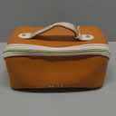 Prite Makeup Bag for Women Travel Waterproof Vegan Leather Cosmetic Bag Open Flat Toiletry Bag With Clear Divider and Handle (Brown) (Medium)