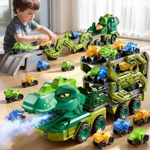 PEADUCK Toddler Car Truck Toys for Kids Ages 3-5, 10-in-1 Dinosaur Carrier Truck with Foldable Track Toys with Spray, Light & Sounds and 9 Dino Cars, Birthday Gift for 3 4 5 6 7 8 Years Old Boys Girls
