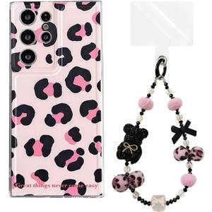 for Samsung Galaxy S24 Ultra Case Cute Stylish Leopard Print Design Phone Case for S24 Ultra with Lanyard Wrist Strap Women Girls Case for Galaxy S24 Ultra, Pink