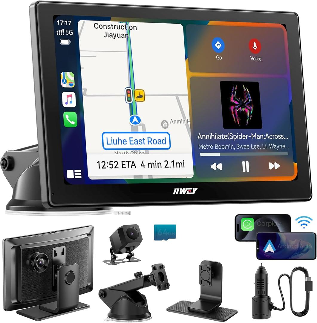 IK5 9" Wireless Apple CarPlay & Android Auto Screen, Portable Car Stereo with 4K Dash Cam & 1080p Backup Camera, Add CarPlay to Any Vehicle, Touchscreen, Mirror Link