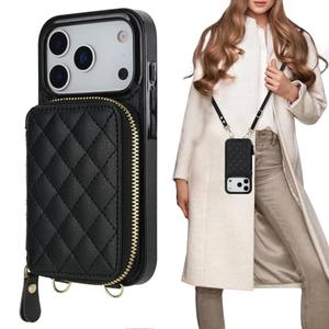 Bocasal Crossbody Wallet Case for iPhone 17 Pro, RFID Blocking PU Leather Zipper Handbag Purse Flip Cover, Kickstand Folio Case with Card Slots Holder Wrist Strap Lanyard 5G 6.3 Inch (Black)