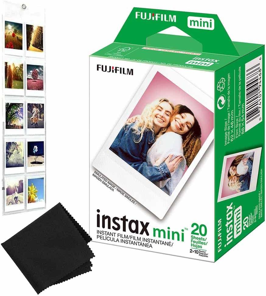 Fujifilm Instax Mini Camera Film: 20 Shoots Total, (10 Sheets x 2) - Included Hanging Photo Album for 10 Photos & Premium Microfibre Cloth for Perfect Picture Quality