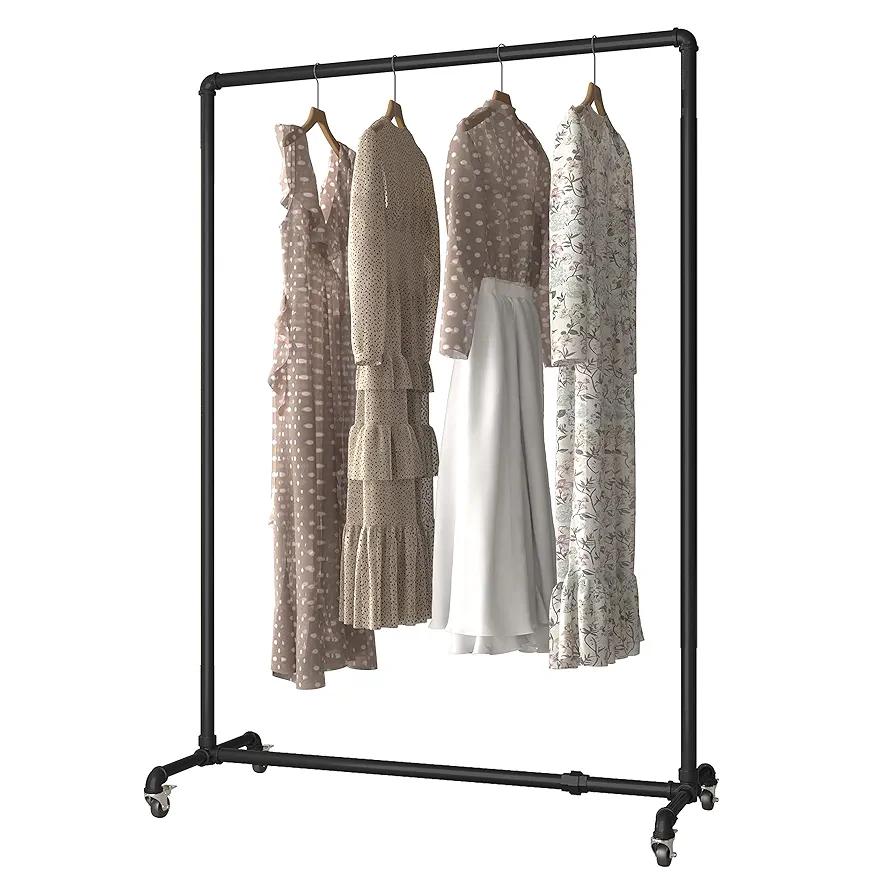 HOMEKAYT Industrial Pipe Clothing Rack on Wheels Heavy Duty Garment Display Black