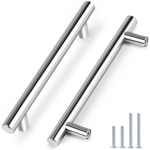 Probrico 10 Pack|Polished Chrome Cabinet Pulls Modern Stainless Steel Cupboard Pulls, Kitchen Cabinet Handles Bathroom Drawer Pulls, T Bar Style - 6-1/3 inch Hole Centers