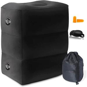 Inflatable Foot Rest Pillow for Travel, Adjustable Height Airplane Foot Cushion for Long Flights, Portable Comfort Footrest for Car, Office and Travel (Gray) (Black)